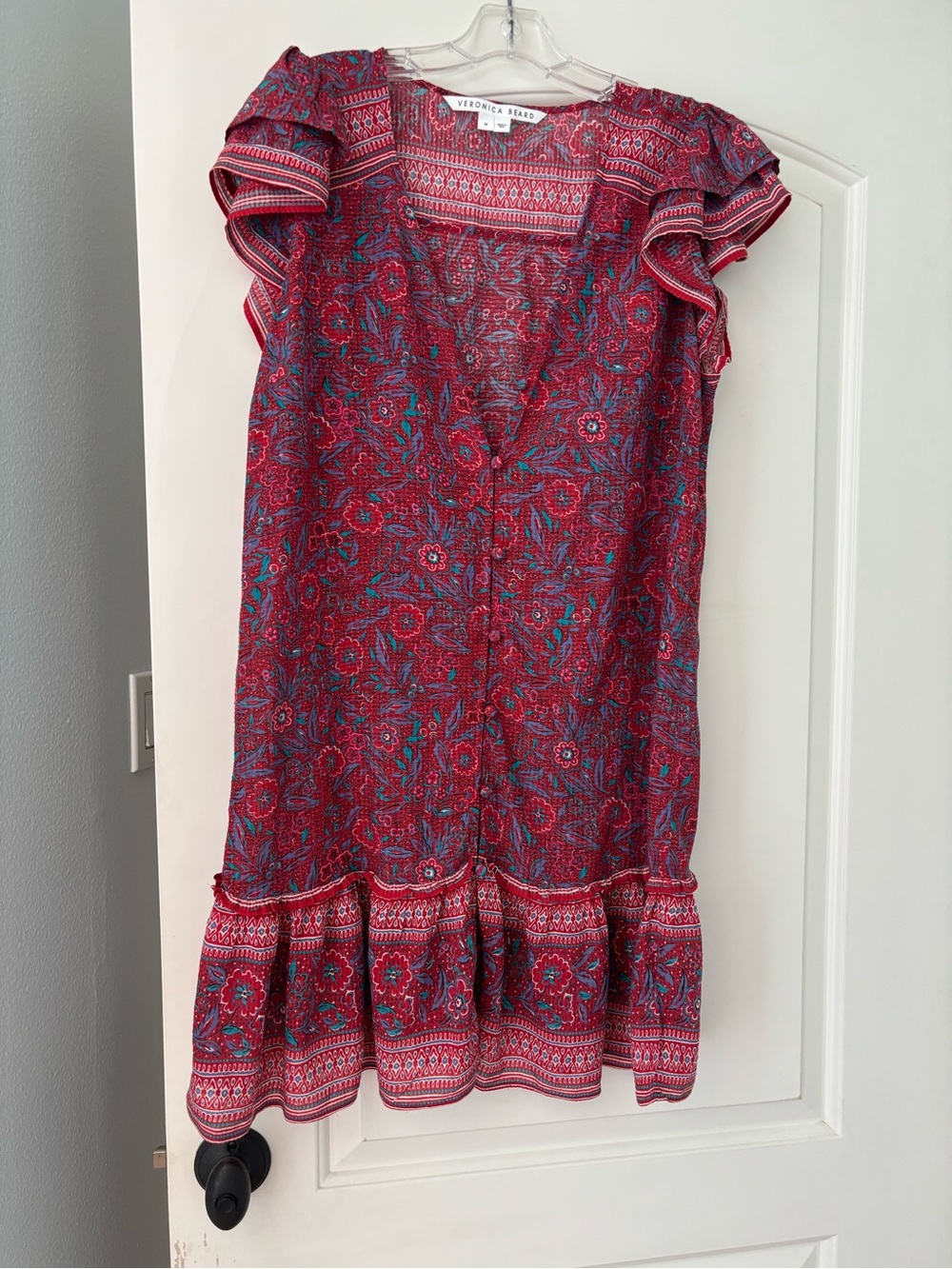 Veronica Beard Red and Teal Floral Print Top
